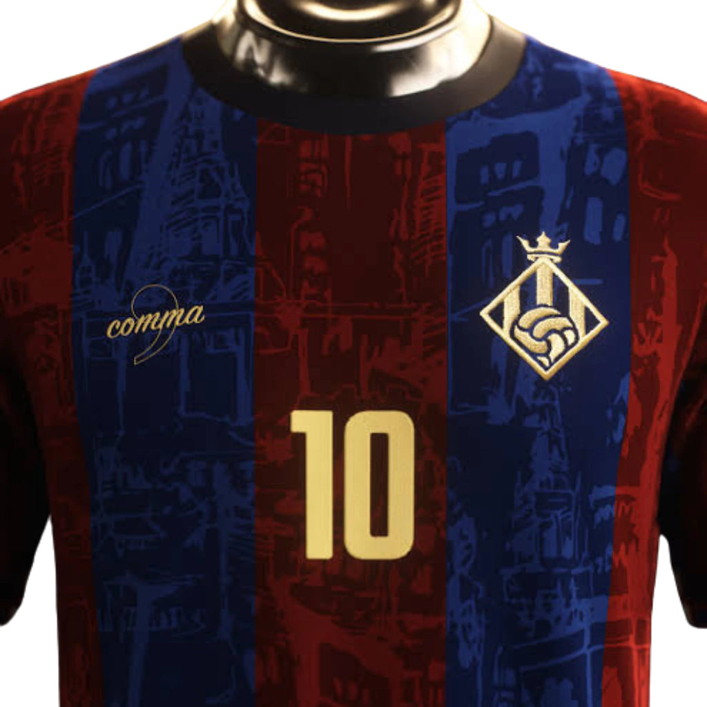 Camisa The Prince – LA PULGA 10# – Barcelona 2025/2026 – Masculina Comma Football – Vermelho e Azul