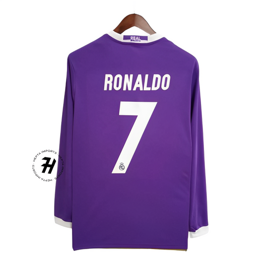 Camisa Retrô Manga Longa Real Madrid Away 16/17 – RONALDO 7 – Masculina Roxa