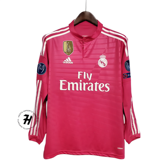Camisa Retrô Manga Longa Real Madrid 14/15 – RONALDO 7 – Todos os patchs – Rosa