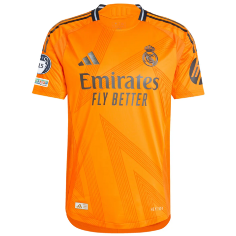 Camisa Real Madrid Away 24/25 – Com Patchs Campeão Champions League – Torcedor – Masculino – Laranja