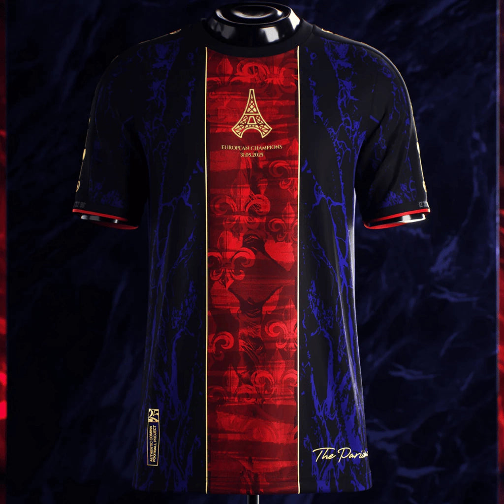Camiseta The Parisians Edition Special Comma Football PSG Champion UCL Negra y Azul